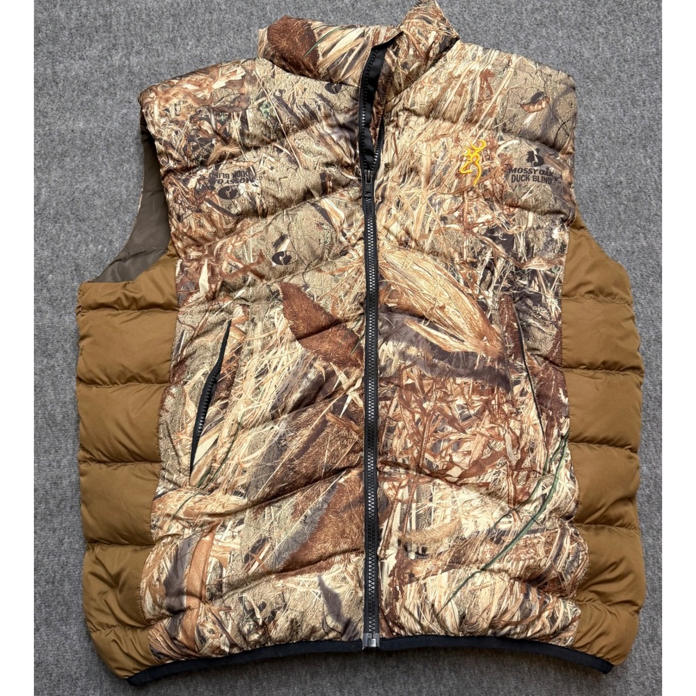 Browning Mossy Oak Duck Blind Camo Puffer Vest Mens Large 700 Fill Power Hunting